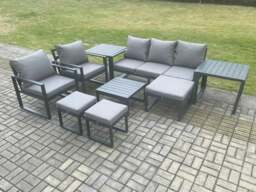 Rackhams Aluminium Outdoor Lounge Sofa Set Garden Furniture Sets with Square Coffee Table 2 Chairs 3 Footstools 2 Side Tables Dark Grey 8 Seater - thumbnail 1