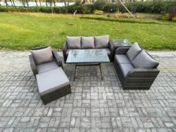 Rackhams 7 Seater Outdoor Rattan Garden Furniture Set Patio Lounge Sofa Set with Dining Table Big Footstool Side Table Dark Grey Mixed - thumbnail 1