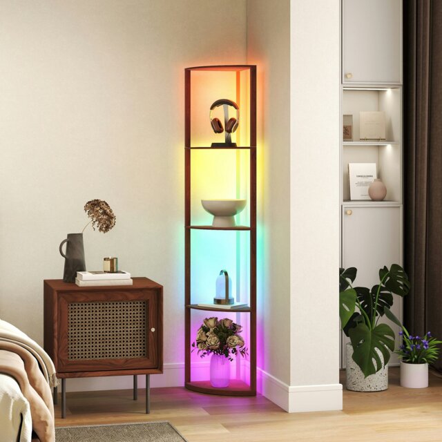 Rackhams RGB LED Floor Lamp with Shelves and Remote Control for Living Room - Brown - image 1