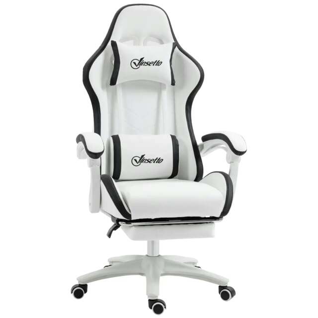 Rackhams Computer Gaming Chair, PU Leather Office Desk Chair with Footrest, Swivel Wheels, 135° Reclining Back, Lumbar Support, Headrest, White and Black - image 1