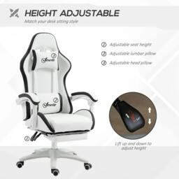 Rackhams Computer Gaming Chair, PU Leather Office Desk Chair with Footrest, Swivel Wheels, 135° Reclining Back, Lumbar Support, Headrest, White and Black - thumbnail 4