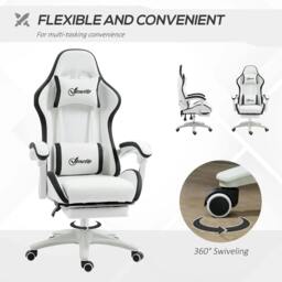 Rackhams Computer Gaming Chair, PU Leather Office Desk Chair with Footrest, Swivel Wheels, 135° Reclining Back, Lumbar Support, Headrest, White and Black - thumbnail 6