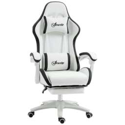 Rackhams Computer Gaming Chair, PU Leather Office Desk Chair with Footrest, Swivel Wheels, 135° Reclining Back, Lumbar Support, Headrest, White and Black - thumbnail 1