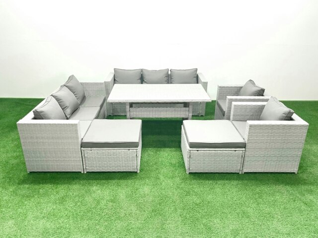 Rackhams Rattan Garden Furniture Set Outdoor 8 Seater Patio Dinin g Sofa Sets with Dining Table 2 Chairs 2 Big Footstools Light Grey Mixed - image 1