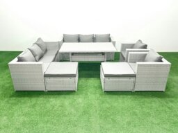 Rackhams Rattan Garden Furniture Set Outdoor 8 Seater Patio Dinin g Sofa Sets with Dining Table 2 Chairs 2 Big Footstools Light Grey Mixed - thumbnail 2