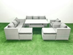 Rackhams Rattan Garden Furniture Set Outdoor 8 Seater Patio Dinin g Sofa Sets with Dining Table 2 Chairs 2 Big Footstools Light Grey Mixed - thumbnail 1