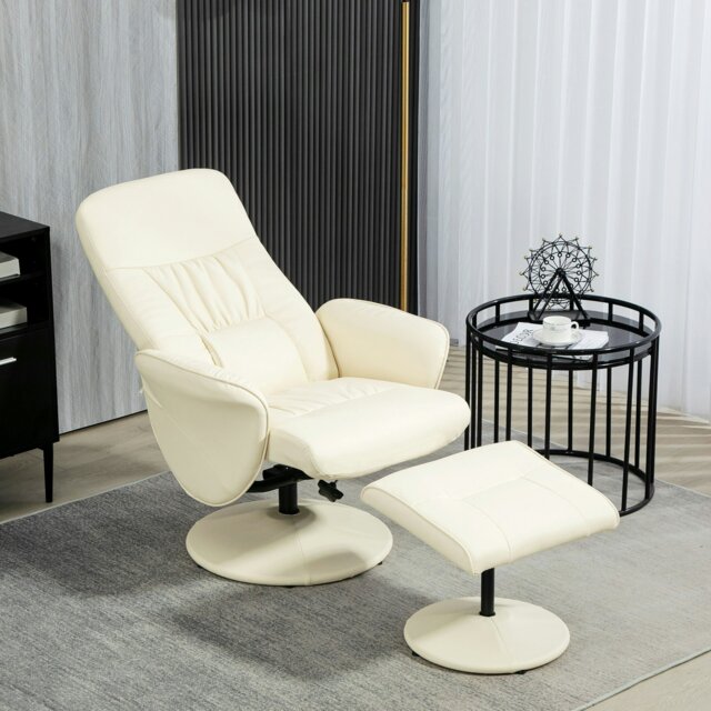 Rackhams PU Leather Armchair and Footrest Swivel Recliner - Cream - PU, Sponge, Metal - image 1