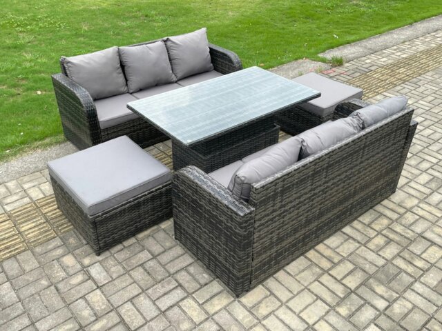 Rackhams Outdoor Rattan Garden Furniture Sets Height Adjustable Rising lifting Dining Table Sofa Set with 2 Big Footstool 8 Seater Dark Grey Mixed - image 1