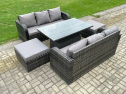Rackhams Outdoor Rattan Garden Furniture Sets Height Adjustable Rising lifting Dining Table Sofa Set with 2 Big Footstool 8 Seater Dark Grey Mixed - thumbnail 2