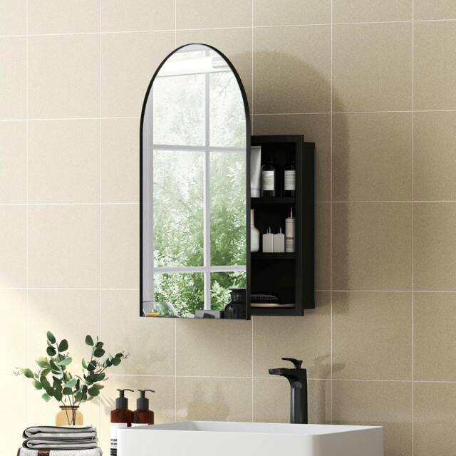 Rackhams Bathroom Mirror Cabinet with Mirror Arched Wall Cabinet Black - Bathroom Mirror Cabinet - 1 - 50 x 12 x 76 cm - image 1