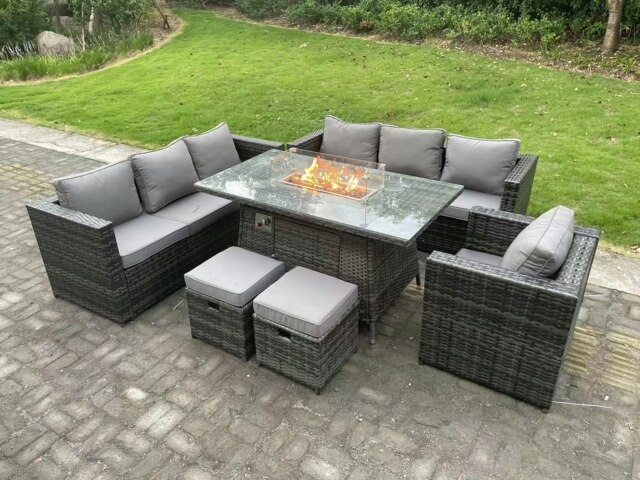 Rackhams 9-Seater Rattan Outdoor Gas Fire Pit Dining Set - Gas Heater, Armchair, 2 Stools - Dark Grey - image 1