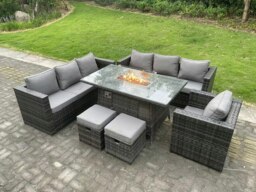Rackhams 9-Seater Rattan Outdoor Gas Fire Pit Dining Set - Gas Heater, Armchair, 2 Stools - Dark Grey - thumbnail 2