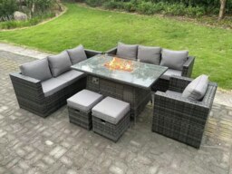 Rackhams 9-Seater Rattan Outdoor Gas Fire Pit Dining Set - Gas Heater, Armchair, 2 Stools - Dark Grey - thumbnail 1