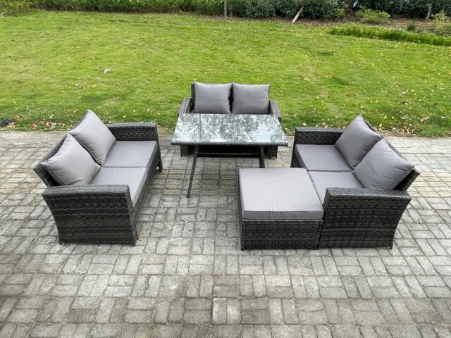 Rackhams 7 Seater Rattan Wicker Garden Furniture Patio Conservatory Sofa Set with Rectangular Dining Table Love Seat Sofa Big Footstool - image 1