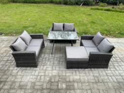 Rackhams 7 Seater Rattan Wicker Garden Furniture Patio Conservatory Sofa Set with Rectangular Dining Table Love Seat Sofa Big Footstool - thumbnail 1