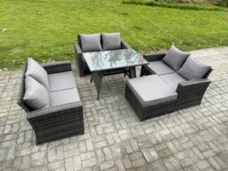 Rackhams 7 Seater Rattan Wicker Garden Furniture Patio Conservatory Sofa Set with Rectangular Dining Table Love Seat Sofa Big Footstool - thumbnail 2