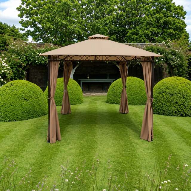 Rackhams Marco Polo Garden Gazebo 3m x 4m with Curtains - Double Roof Design - MOCHA - 4m x 3m - image 1