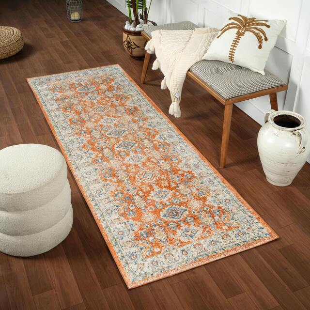 Rackhams Lillian-Washable Orange Blue Traditional Vintage Boho Rug - 80 x 220 cm