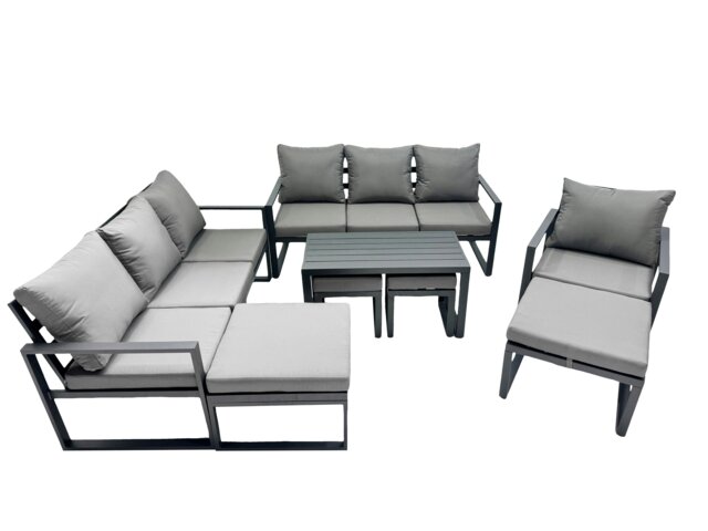 Rackhams Outdoor Garden Furniture Set Aluminium Lounge 3 Seat Sofa Oblong Coffee Table Sets with Chair 4 Stools Dark Grey - image 1