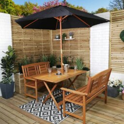 Rackhams Outdoor 4 Person Folding Rectangular Wooden Garden Patio Dining Table Benches Parasol and Base Set - Outdoor Furniture Sets