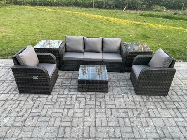 Rackhams Garden Furniture Sets 5 Seater Wicker Rattan Furniture Patio Sofa Sets with Reclining Chair 3 Seater Sofa 2 Side Tables Dark Grey Mixed - image 1