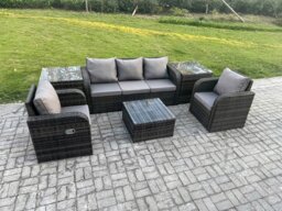 Rackhams Garden Furniture Sets 5 Seater Wicker Rattan Furniture Patio Sofa Sets with Reclining Chair 3 Seater Sofa 2 Side Tables Dark Grey Mixed - thumbnail 2