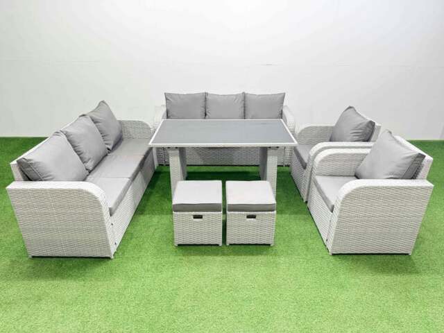 Rackhams 10 Seater Wicker PE Rattan Furniture Outdoor Dining Table 3 Seater Sofa Reclining Chair Set with 2 Small Stools Light Grey - image 1