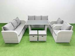 Rackhams 10 Seater Wicker PE Rattan Furniture Outdoor Dining Table 3 Seater Sofa Reclining Chair Set with 2 Small Stools Light Grey - thumbnail 1