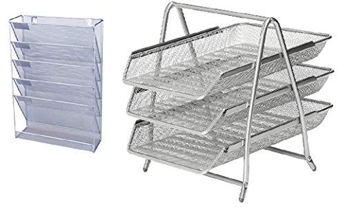 Rackhams - Value 2 pcs Office Desk Organiser Set Mesh Wall Hanging Magazine Literature Holder + 3 Tier Tray Desk Letter Tray Front-Load Portrait Foolscap - Silver - image 1