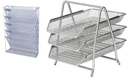 Rackhams - Value 2 pcs Office Desk Organiser Set  Mesh Wall Hanging Magazine Literature Holder + 3 Tier Tray Desk Letter Tray Front-Load Portrait Foolscap - Silver - thumbnail 1