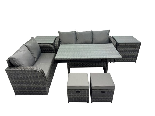 Rackhams 7 Seat Outdoor Wicker PE Rattan Garden Furniture Set Dining Table Sofa Sets with 2 Side Tables Small Stool Dark Grey Mixed - image 1