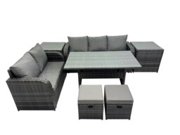 Rackhams 7 Seat Outdoor Wicker PE Rattan Garden Furniture Set Dining Table Sofa Sets with 2 Side Tables Small Stool Dark Grey Mixed - thumbnail 1