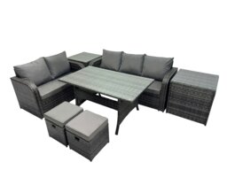 Rackhams 7 Seat Outdoor Wicker PE Rattan Garden Furniture Set Dining Table Sofa Sets with 2 Side Tables Small Stool Dark Grey Mixed - thumbnail 2