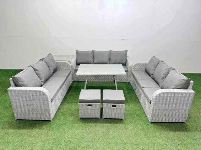 Rackhams 11 Seat Outdoor PE Rattan Garden Furniture with Cushions 3 Seater Sofa Side Table 2 Small Stools Light Grey - image 1