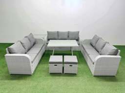 Rackhams 11 Seat Outdoor PE Rattan Garden Furniture with Cushions 3 Seater Sofa Side Table 2 Small Stools Light Grey - thumbnail 1