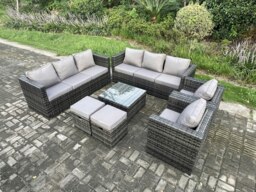 Rackhams 10 Seater Rattan Outdoor Sofa Set with 2 Armchairs, Coffee Table, 2 Footstools & Side Table - Dark Grey - thumbnail 3