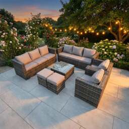 Rackhams 10 Seater Rattan Outdoor Sofa Set with 2 Armchairs, Coffee Table, 2 Footstools & Side Table - Dark Grey - thumbnail 1