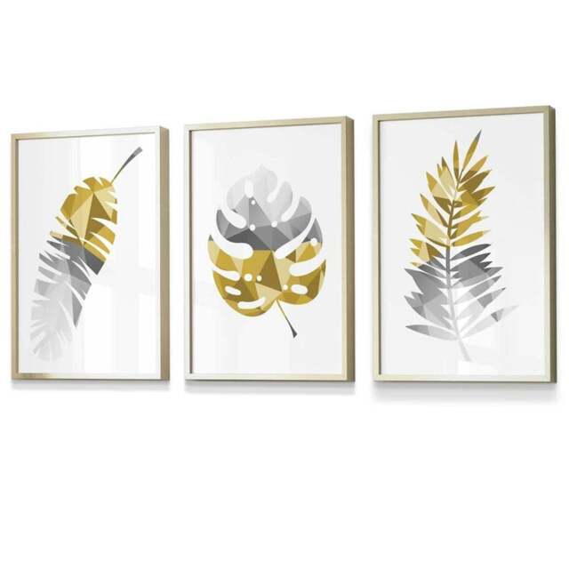 Rackhams Set of 3 Geometric Yellow Grey Tropical Leaves Wall Art Framed / Prints - 30x42cm (A3) - Gold - image 1