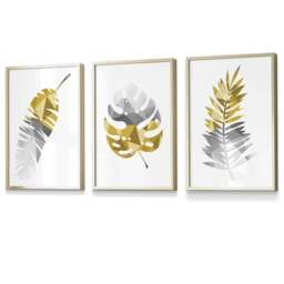 Rackhams Set of 3 Geometric Yellow Grey Tropical Leaves Wall Art Framed / Prints - 30x42cm (A3) - Gold