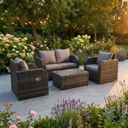 Rackhams 4 Seater Rattan Garden Furniture Set with Love Sofa, Coffee Table & 2 Armchairs - Dark Grey Mixed - thumbnail 1