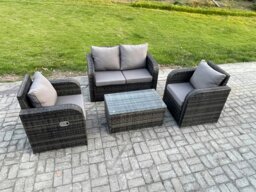 Rackhams 4 Seater Rattan Garden Furniture Set with Love Sofa, Coffee Table & 2 Armchairs - Dark Grey Mixed - thumbnail 3
