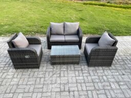 Rackhams 4 Seater Rattan Garden Furniture Set with Love Sofa, Coffee Table & 2 Armchairs - Dark Grey Mixed - thumbnail 2