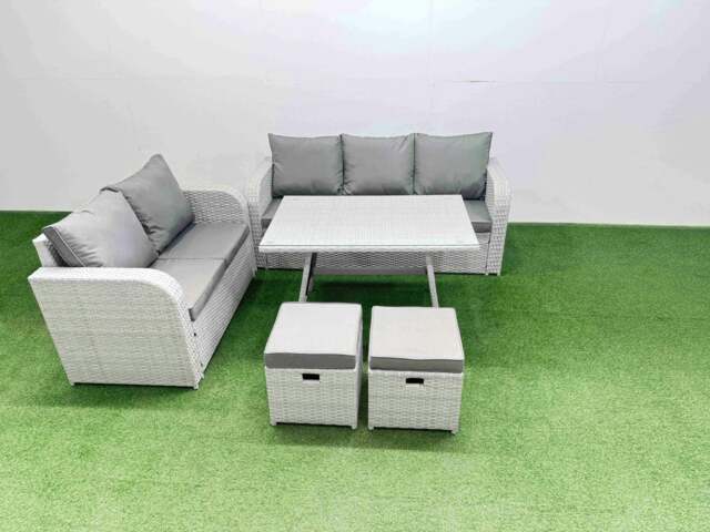 Rackhams Outdoor PE Rattan Garden Furniture Set Rectangular Dining Table Sofa Set with 2 Small Stool Light Grey - image 1