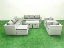Rackhams Outdoor Garden Furniture Rattan Sofa Set with 2 Armchairs Oblong Coffee Table 3 Footstools Light Grey Mixed - thumbnail 2