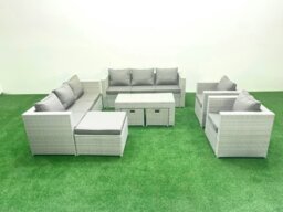 Rackhams Outdoor Garden Furniture Rattan Sofa Set with 2 Armchairs Oblong Coffee Table 3 Footstools Light Grey Mixed - thumbnail 1