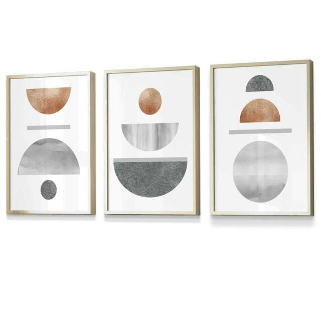 Rackhams Copper and Grey Abstract Mid Century Geometric Set of 3 Framed Wall Art - 42x59cm (A2) - Gold - image 1