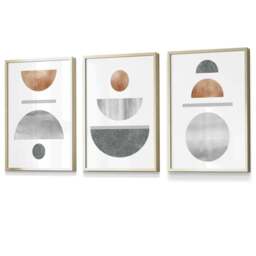 Rackhams Copper and Grey Abstract Mid Century Geometric Set of 3 Framed Wall Art - 42x59cm (A2) - Gold - thumbnail 1