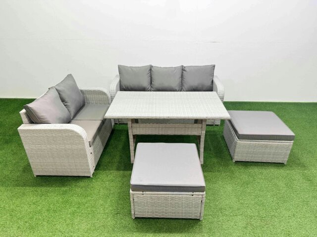 Rackhams 7 Seater PE Rattan Wicker Garden Furniture Patio Conservatory Sofa Set with Rectangular Dining Table 3 Seater Sofa Love Sofa 2 Big Footstool - image 1