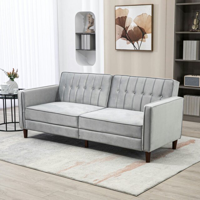 Rackhams Convertible Sofa Futon Velvet-Touch Tufted Couch Sofa Bed - Light Grey - Polyester - 2 Seater - image 1