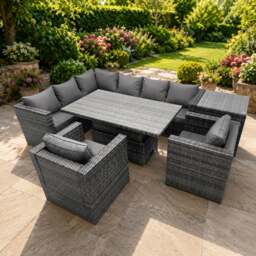 Rackhams 8 seater Height Adjustable Rising Lifting Table Corner Sofa Set Rattan Garden Furniture Dining Set with Side Table Dark Grey Mixed